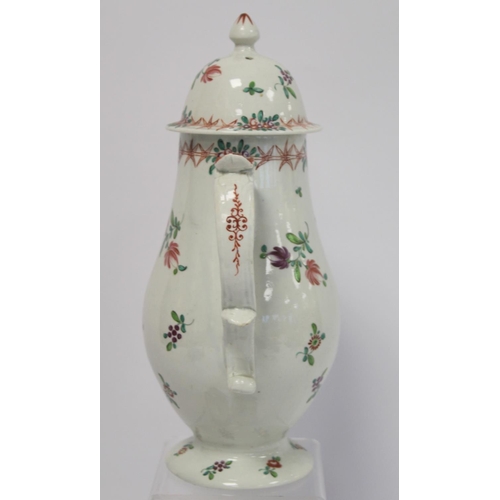 233 - 18th century English pearlware coffee pot of baluster form decorated with polychrome floral sprigs, ... 