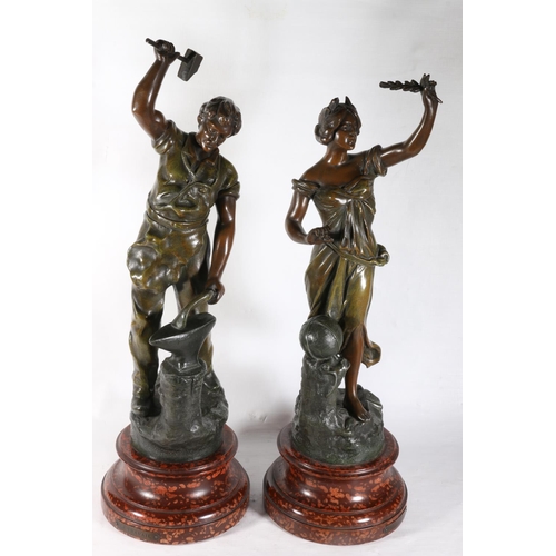 55 - Two spelter figures on bases, female holding a quill and blacksmith, tallest measures, 51cm.