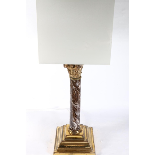 59 - Brass and marble effect column table lamp, 57cm.