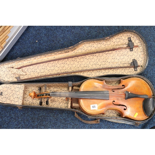 65 - 20th Century violin in case with two bows.