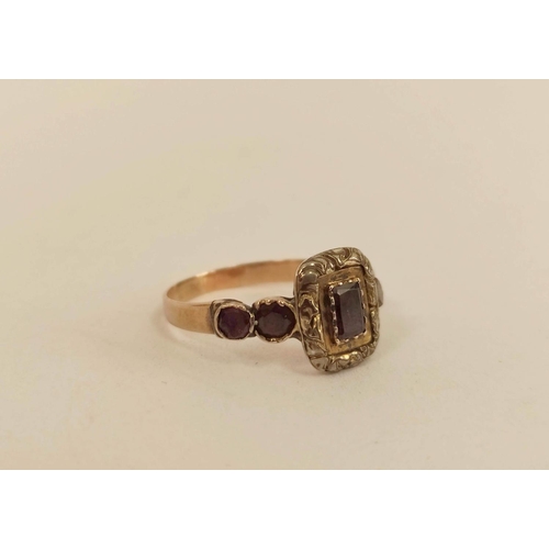 67 - Victorian garnet ring, a diamond solitaire ring and another with four opals, all gold. 8.7g (3).