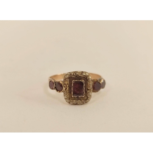 67 - Victorian garnet ring, a diamond solitaire ring and another with four opals, all gold. 8.7g (3).