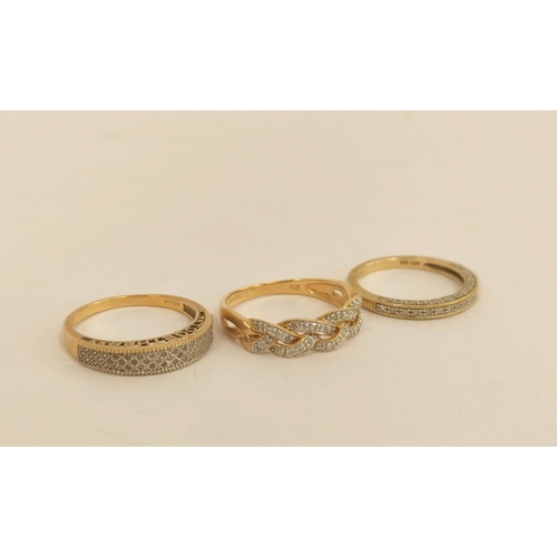 68 - Three rings with tiny diamonds, all 9ct gold. 8.5g