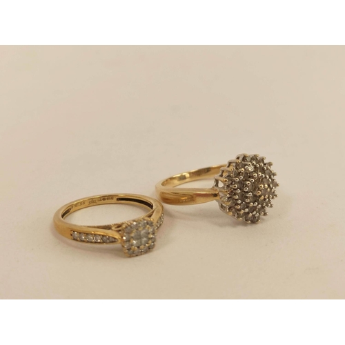 72 - Diamond princess cluster ring and another, both 9ct gold. 8.1g (2).