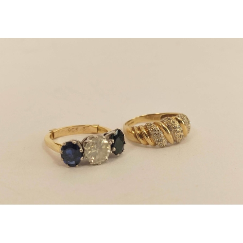 74 - Spinel three-stone ring, blue and white and another with tiny diamonds. 9.8g (2).