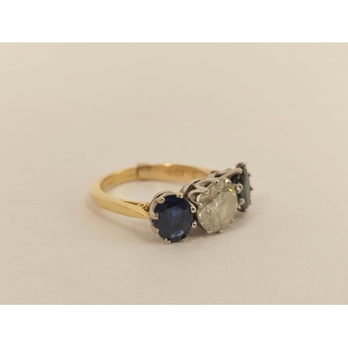 74 - Spinel three-stone ring, blue and white and another with tiny diamonds. 9.8g (2).