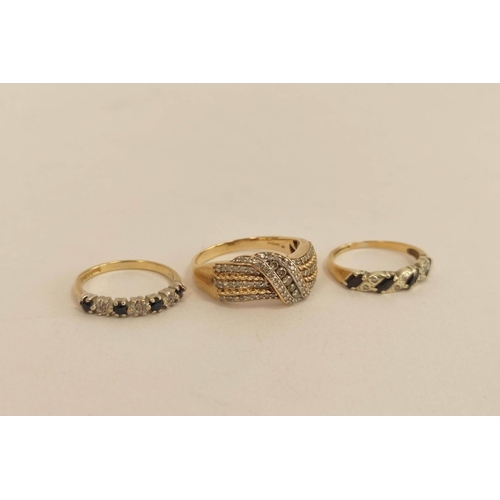 94 - Diamond ring with crossing rows of tiny brilliants and two others, all 9ct gold. 8.8g (3).