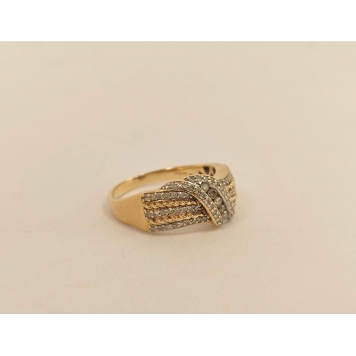 94 - Diamond ring with crossing rows of tiny brilliants and two others, all 9ct gold. 8.8g (3).