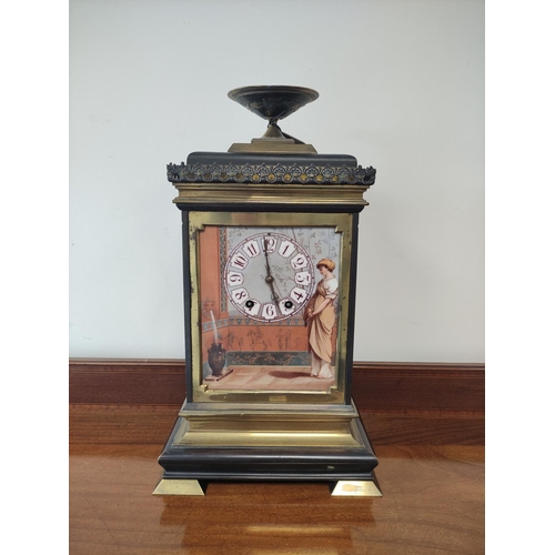 171 - French eight day mantel clock, square movement in bronze and ormolu case, in the Aesthetic taste wit... 