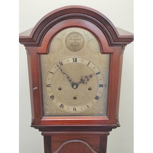 172 - Eight day 'Grandmother' clock for Sorley Glasgow, three train with silvered arch dial in mahogany ca... 