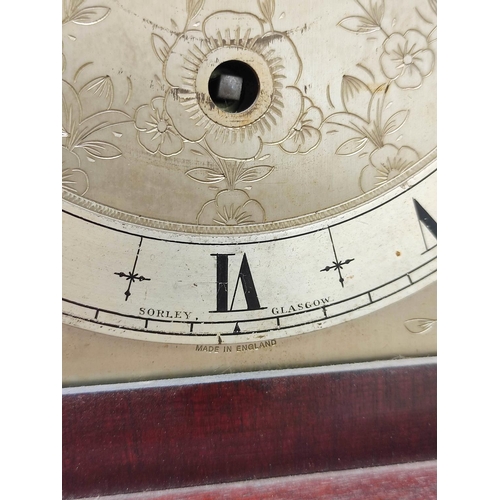 172 - Eight day 'Grandmother' clock for Sorley Glasgow, three train with silvered arch dial in mahogany ca... 