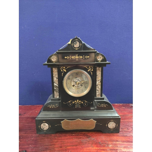 174 - French 19th century mantel clock with inlaid panels and inscribed plaque dated 1892, 44.5cm.