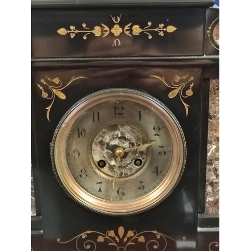 174 - French 19th century mantel clock with inlaid panels and inscribed plaque dated 1892, 44.5cm.