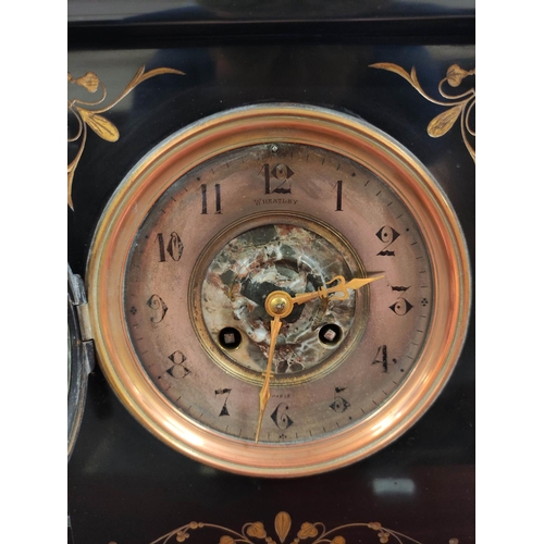 174 - French 19th century mantel clock with inlaid panels and inscribed plaque dated 1892, 44.5cm.