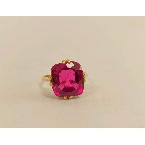 61 - Red spinel ring, another with square garnet and a citrine three stone ring, all 9ct gold. (3). 12.6g