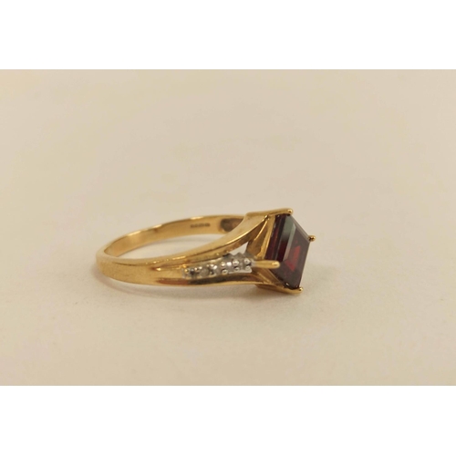 61 - Red spinel ring, another with square garnet and a citrine three stone ring, all 9ct gold. (3). 12.6g