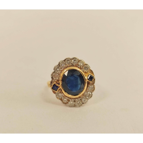 63 - Cluster ring of Victorian style, with an oval sapphire flanked by two others, square, within fourtee... 