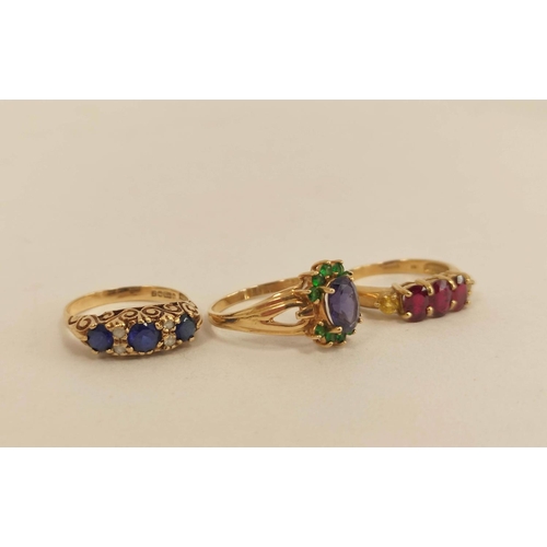 64 - Three gem rings in 9ct gold. 7.9g