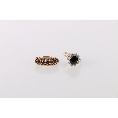 117 - 9ct gold garnet set seven stone dress ring, maker KR, hallmarks rubbed, size M, 5.7g and a 9ct diamo... 