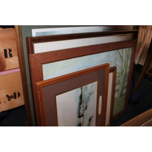 348 - Gilt framed round print depicting a female flower picker in white dress, and other prints.