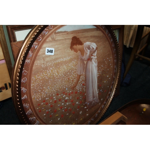 348 - Gilt framed round print depicting a female flower picker in white dress, and other prints.