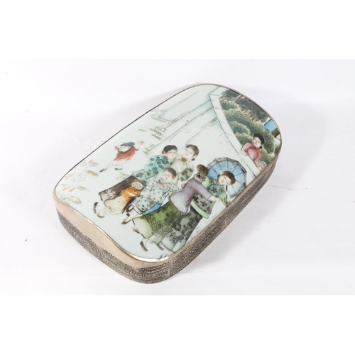 52 - Oriental lidded box with hand-painted ceramic panel depicting women and children, 25cm.