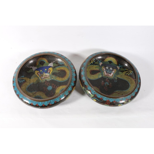 59 - Pair of Chinese dragon decorated cloisonne bowls, 20cm diameter.