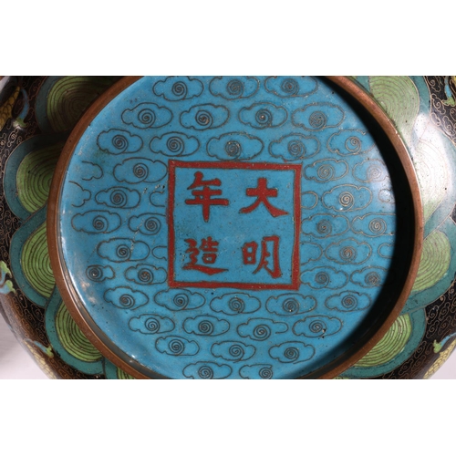 59 - Pair of Chinese dragon decorated cloisonne bowls, 20cm diameter.