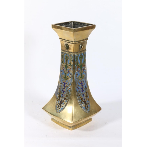 66 - Oriental champleve enamel on bronze vase of shaped tapering square form, 25cm.