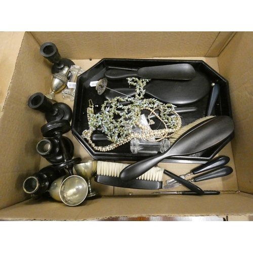 7 - Box of miscellaneous items to include epns, ebony candlesticks, etc.