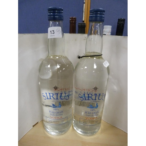 13 - Two one-litre bottles of Sirius vodka, bottle of Kirov vodka and a bottle of Bukov vodka.  (4)