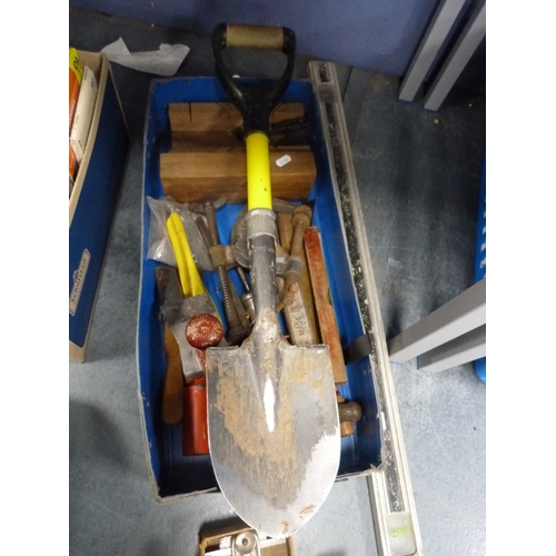 26 - Carton of tools to include shovel, sprit levels, hammers, plane etc.