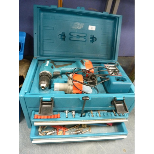 31 - Makita power drill with charger, various drill bits and accessories.