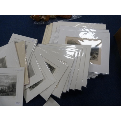 43 - Carton containing photo letter cards of the Lake District, prayer books, various unframed prints, EH... 