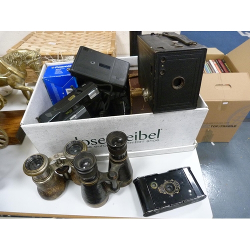 50 - Carton containing field glasses, folding camera, Brownie camera, Polaroid flash camera etc.