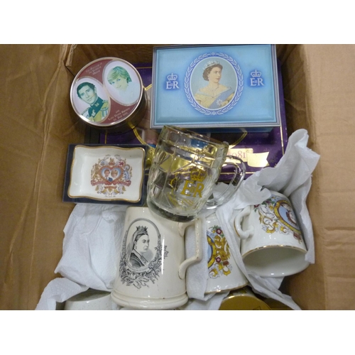 54 - Carton containing commemorative wares to include mugs, beakers, tins etc.