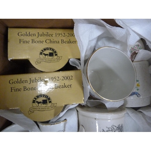 54 - Carton containing commemorative wares to include mugs, beakers, tins etc.