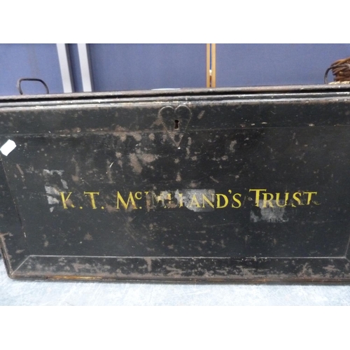 6 - Antique toleware-style black metal deed box, 'K.T. McMilland's Trust'.