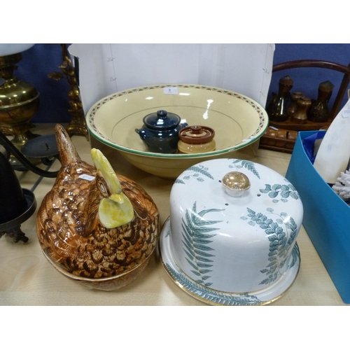 9 - Price hen crock, stilton dish and cover, Minton toilet bowl, Pearson's blue glazed crock and a terra... 