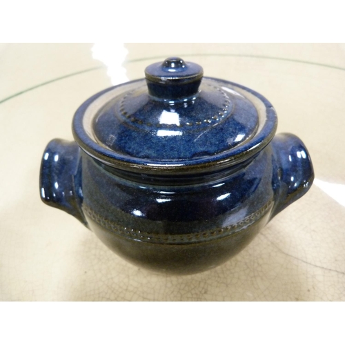 9 - Price hen crock, stilton dish and cover, Minton toilet bowl, Pearson's blue glazed crock and a terra... 