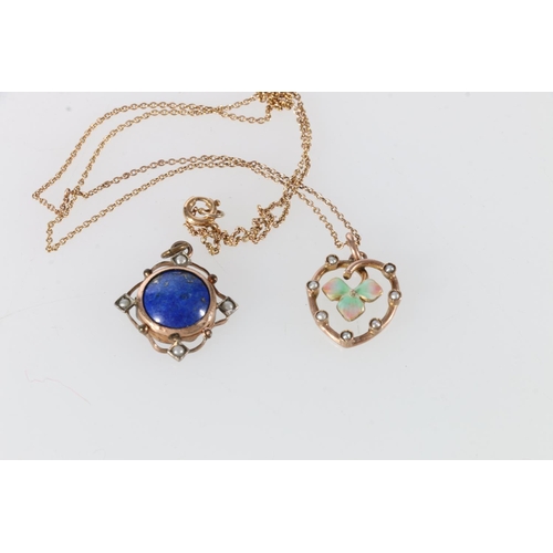 153 - 9ct gold pearl set and enamel pendant on gold chain, 2.5g, and a pearl and lapis lazuli set yellow m... 