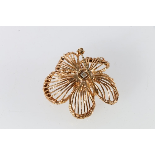 169 - 9ct yellow gold floral brooch, set with seventeen pearls, 4cm wide, 13.5g.