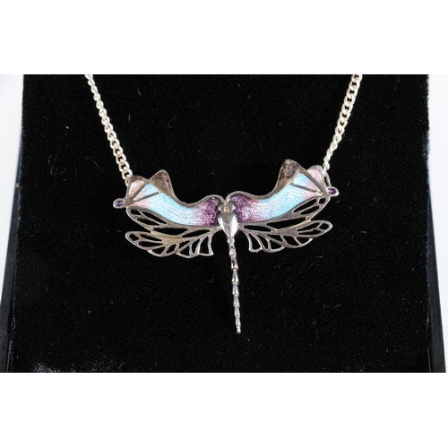 180 - Ortak sterling silver and enamelled dragonfly pendant on chain, in the manner of Norman Grant, 8.8gr... 