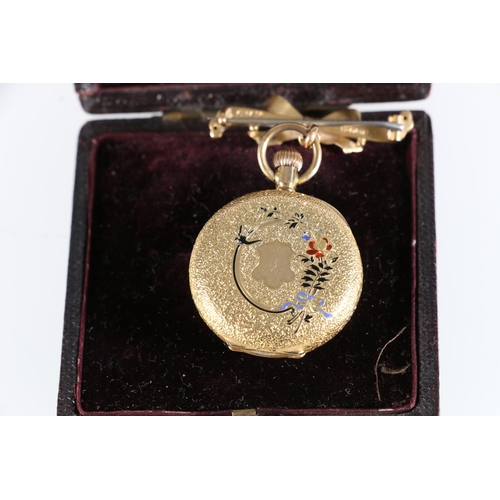 183 - Lady's 14K gold fob watch with enamelled back case and 9ct dependant bow brooch with dog tooth clip,... 