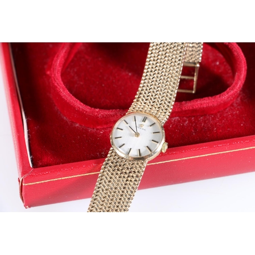 187 - Lady's 9ct gold Omega wristwatch on 9ct gold strap, with box and guarantee, 32.3grams.