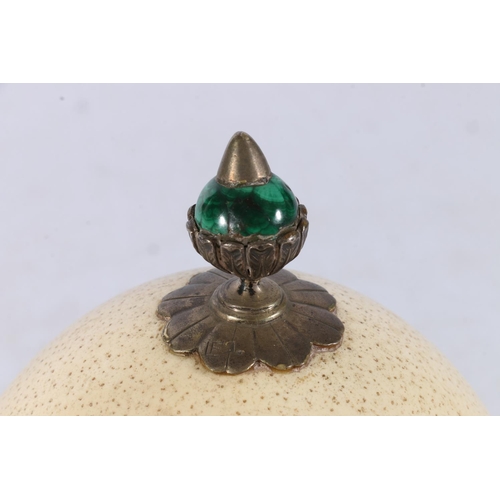 37 - Sterling silver and malachite mounted ostrich egg, on silver stand, 19cm high.