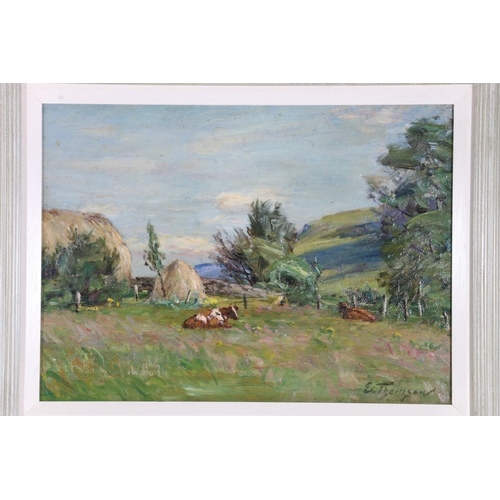 400B - E THOMSON Gargunnock Hills and On the Moor of Dalzean Two oil on boards, signed, 26cm x 34... 