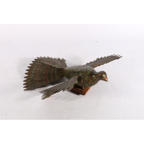 402 - Folk art carved wood sculptural model of a peacock with articulated wings and tail feathers raised o... 