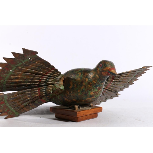 402 - Folk art carved wood sculptural model of a peacock with articulated wings and tail feathers raised o... 