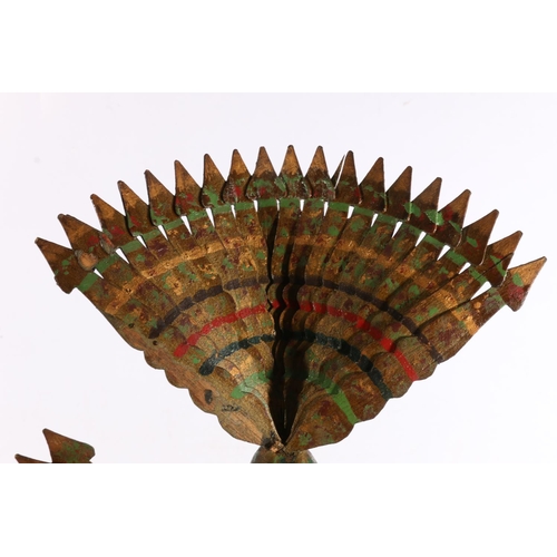 402 - Folk art carved wood sculptural model of a peacock with articulated wings and tail feathers raised o... 